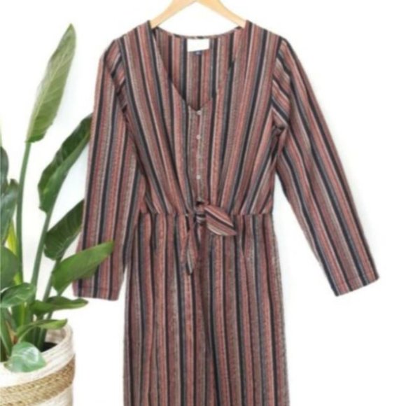 Tie Front Striped Jumpsuit Long Sleeve-64-442 - Picture 5 of 5